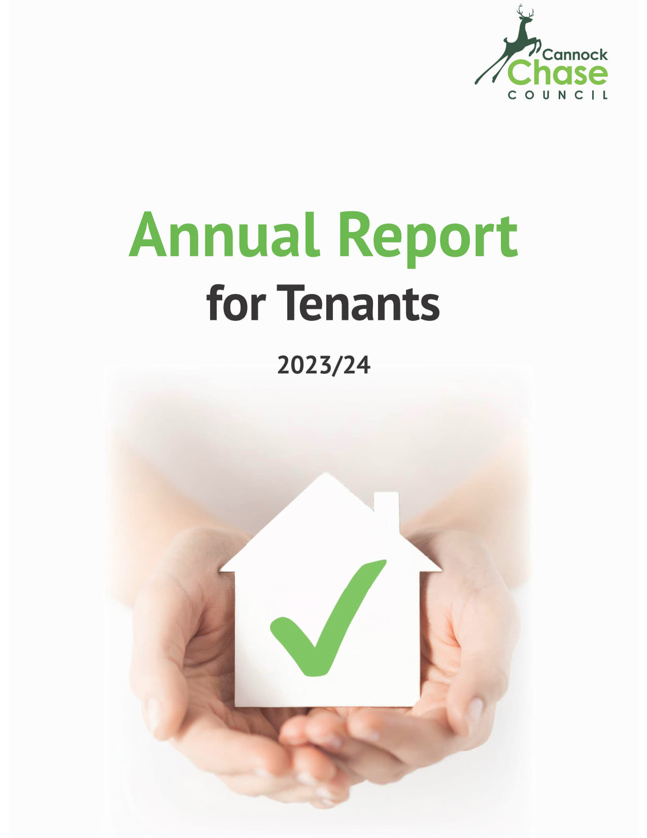 Front page of Annual Report - two hands holding an image of a white house with a green tick