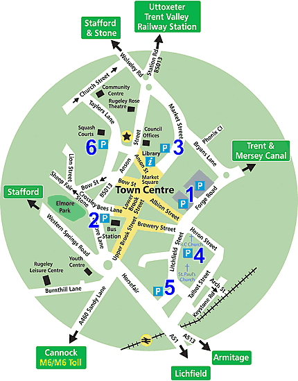 Map of locations of car parks in Rugeley